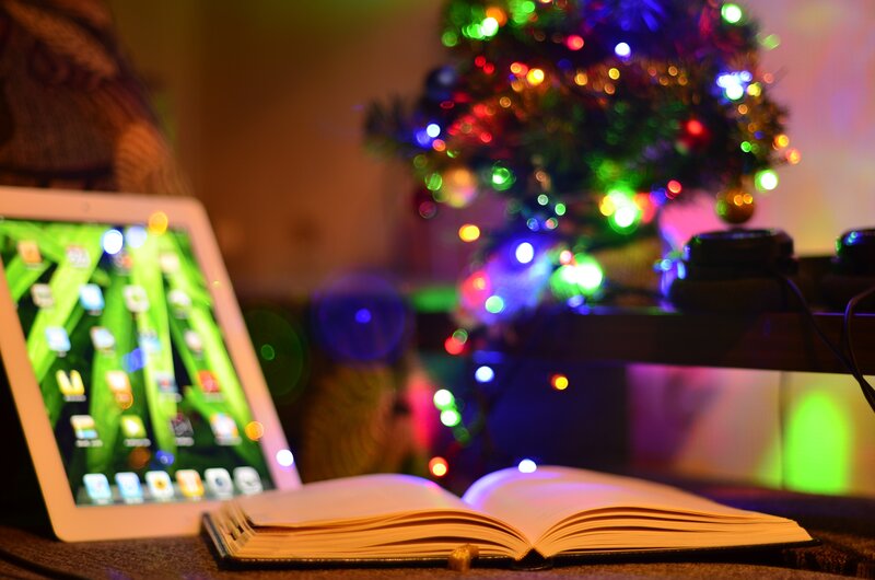 Tablet and Book on Table — Green