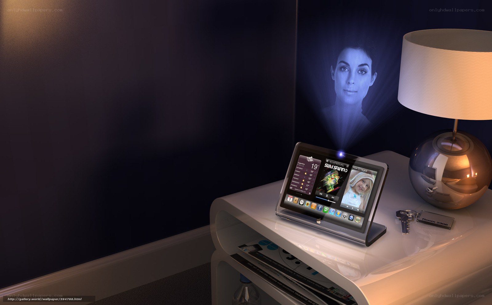 Tablet projecting hologram in bedroom
