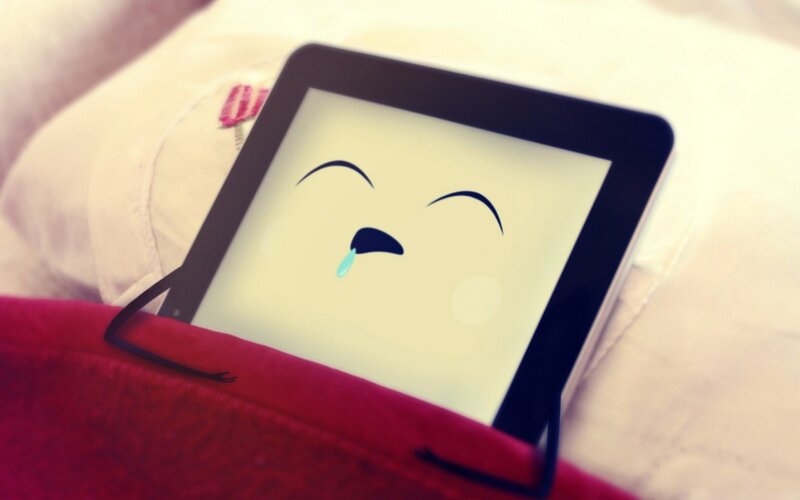 Tablet with Crying Face — Red, Sleepy, Digital Art, Pillow