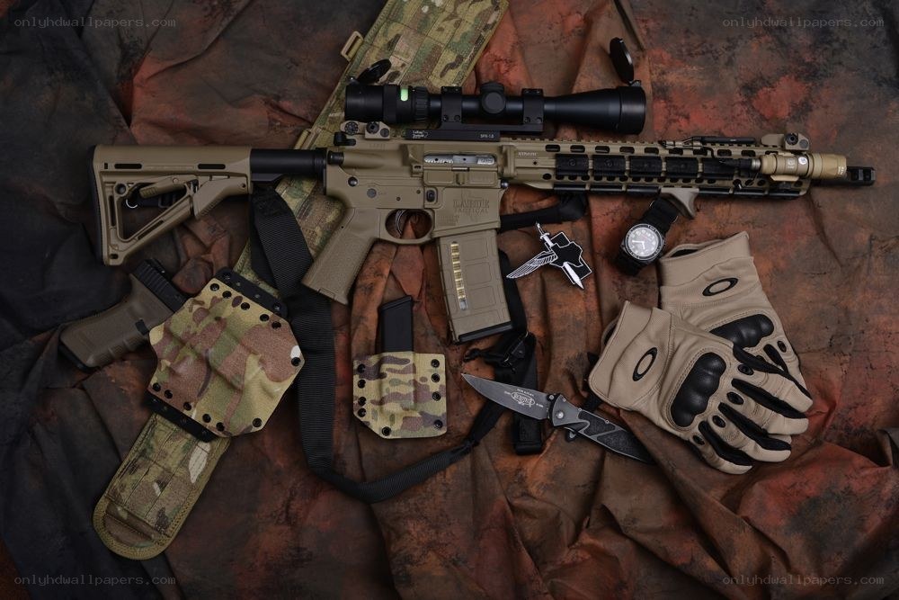 tactical gear and rifle setup