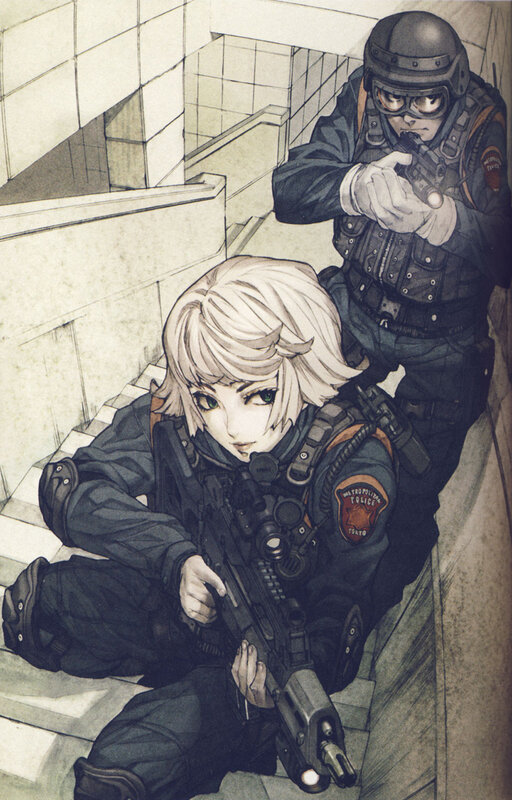 Tactical police officers on stairs