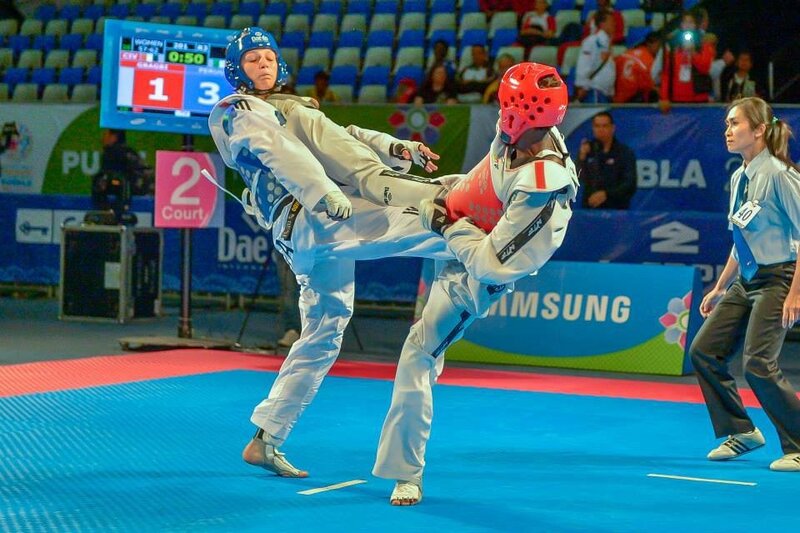 Taekwondo Athletes in Action — Blue, Competitive, Photograph