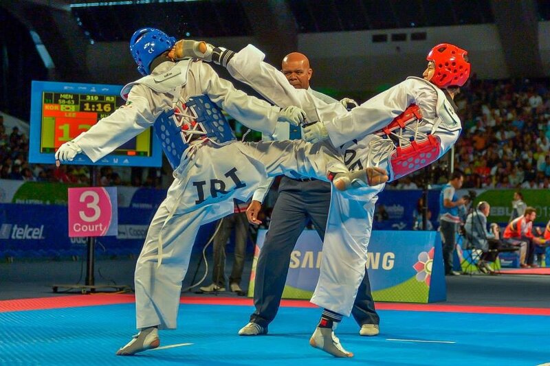 Taekwondo Athletes in Action — Blue, Intense, Photograph, Referee, Crowd