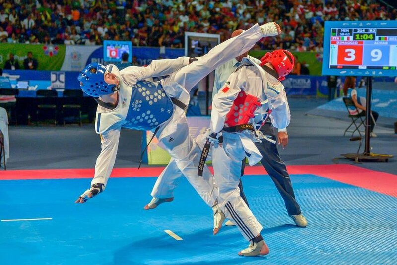 Taekwondo Athletes in Action — Blue, Intense, Photograph, Spectators
