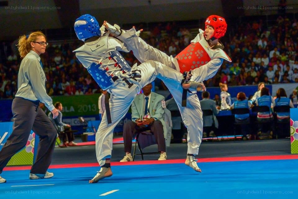 Taekwondo match in action