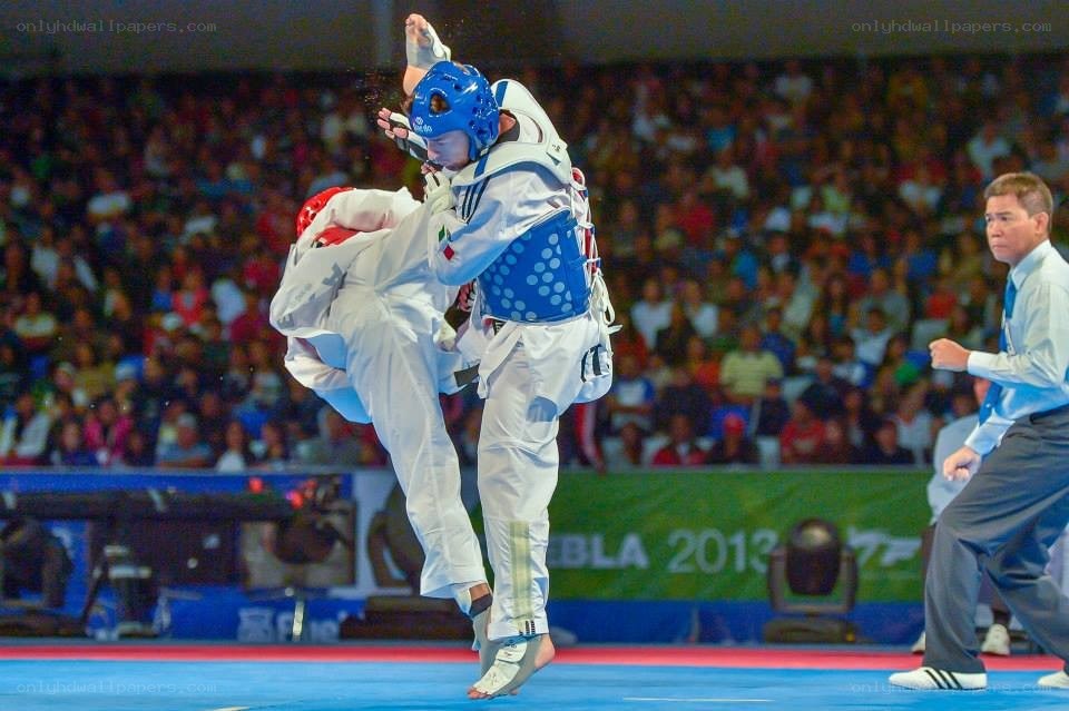 Taekwondo match in action