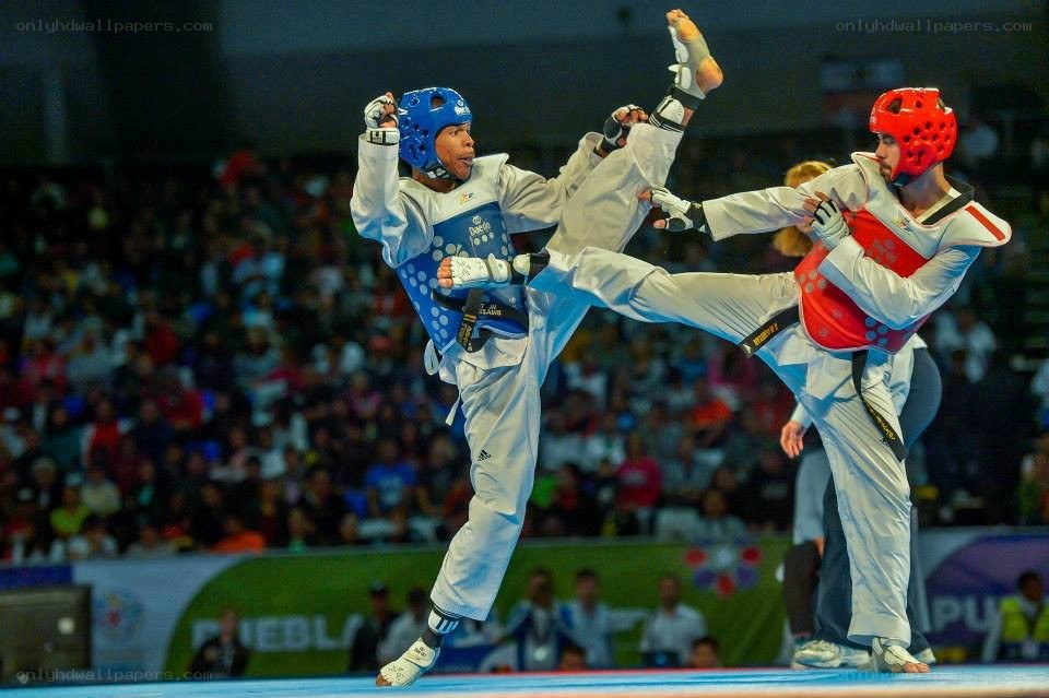 Taekwondo match in action