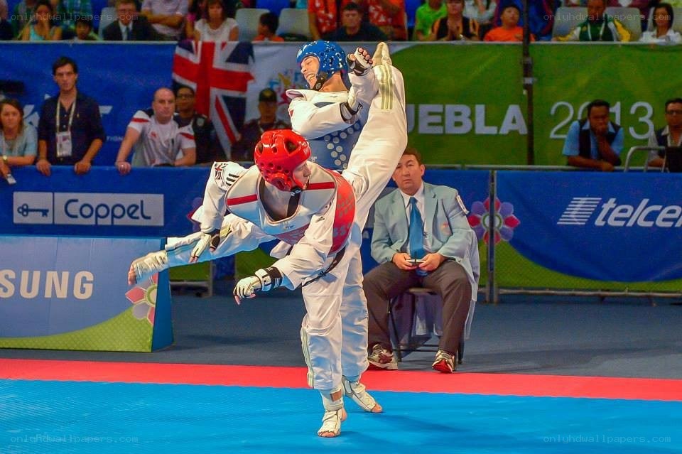Taekwondo match in action