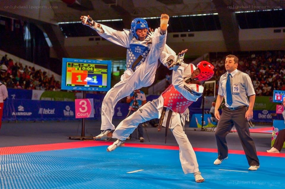 Taekwondo match in action