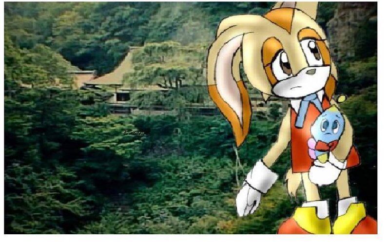 Tails holding a baby in a forest
