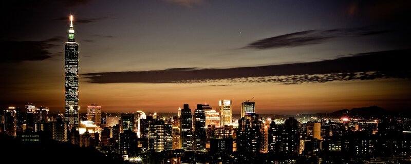 Taipei 101 at Dusk — Black, Dramatic, Night, Photograph, City Skyline, Skyscrapers, Clouds