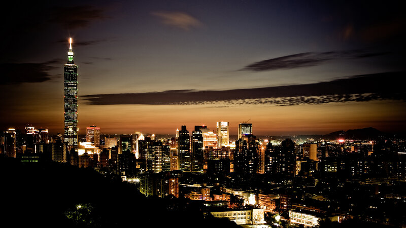 Taipei 101 at Dusk — Black, Dramatic, Night, Photograph, City Skyline, Skyscrapers, Mountains