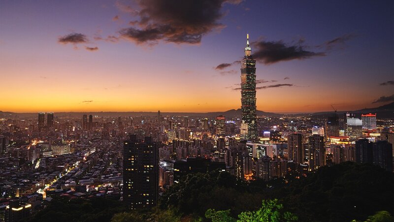 Taipei 101 at Dusk — Purple, Dramatic, Sunset, Photograph, Cityscape, Skyscraper, Mountains