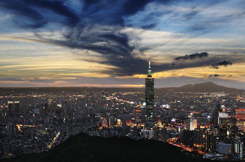 Taipei 101 Skyscraper — Blue, Dramatic, Sunset, Photograph, Cityscape, Mountain