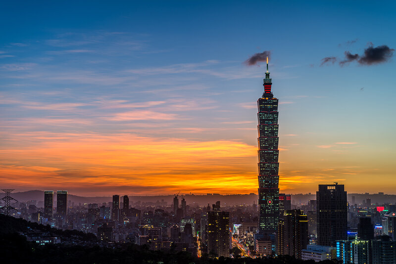 Taipei 101 Skyscraper — Orange, Dramatic, Sunset, Photograph, City Skyline