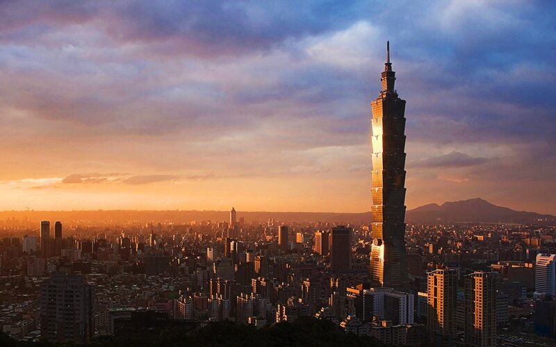 Taipei 101 Skyscraper — Orange, Dramatic, Sunset, Photograph, Cityscape, Mountain, Blue