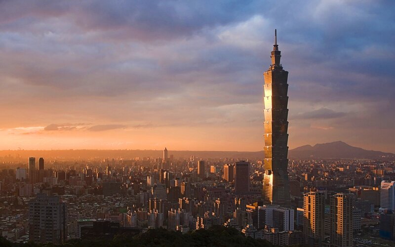 Taipei 101 Skyscraper — Orange, Dramatic, Sunset, Photograph, Cityscape, Mountain