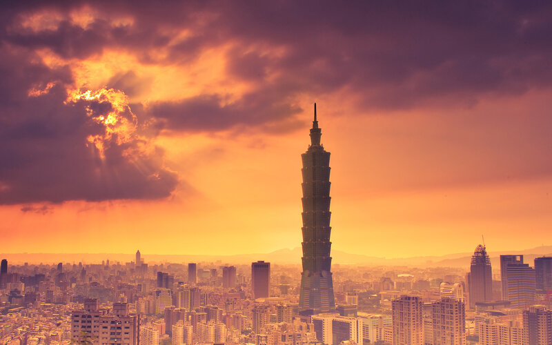 Taipei 101 Skyscraper — Orange, Dramatic, Sunset, Photograph