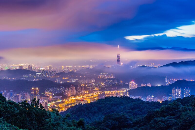 Taipei Cityscape at Dusk — Blue, Serene, Night, Photograph