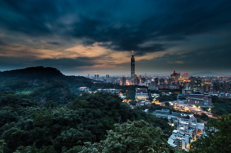 Taipei Skyline at Dusk — Blue, Dramatic, Night, Photograph