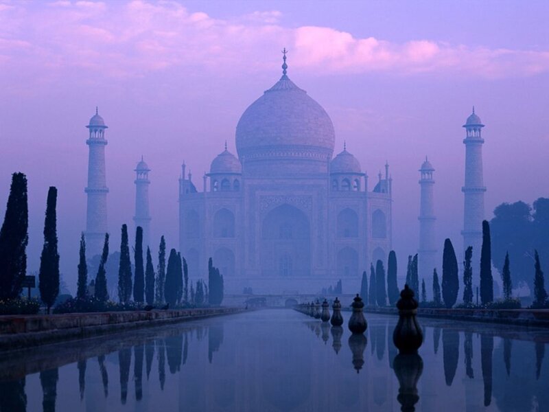 Taj Mahal at Dawn — Purple, Serene, Morning, Photograph, Minarets
