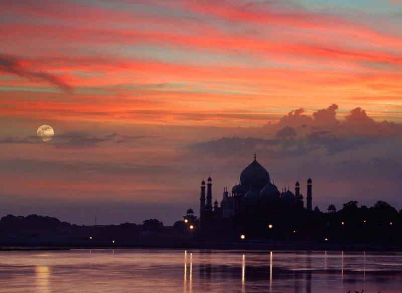 Taj Mahal at Dusk — Orange, Serene, Sunset, Photograph, Moon