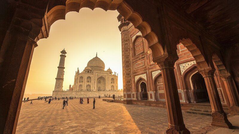 Taj Mahal at Sunset — Gold, Serene, Photograph, Archway