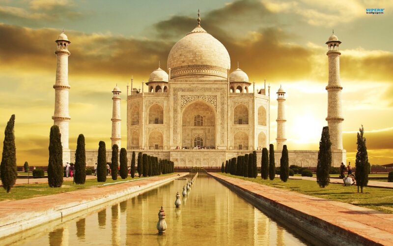 Taj Mahal at Sunset — Gold, Serene, Photograph, Minarets