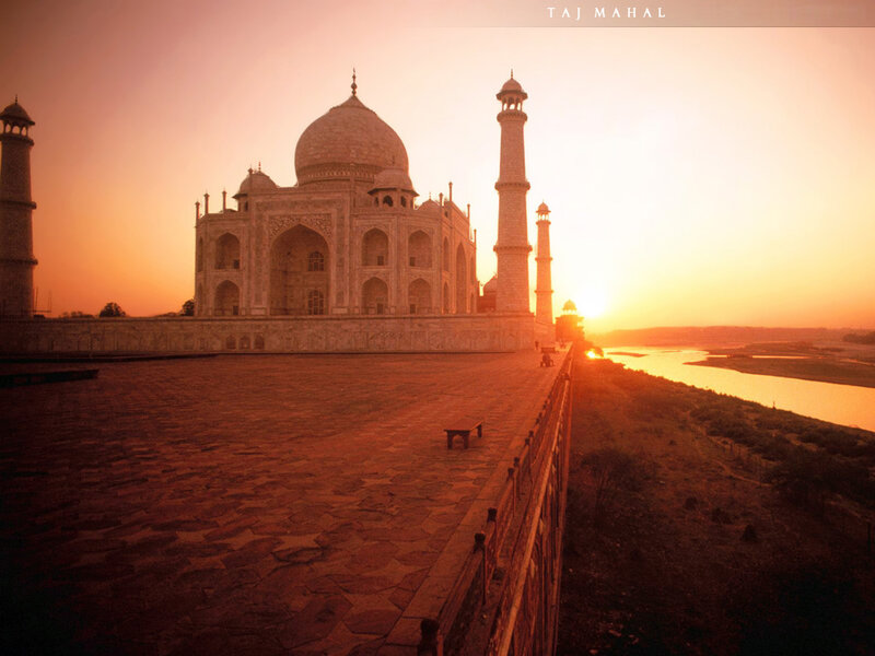 Taj Mahal at Sunset — Orange, Serene, Photograph, River, Minarets, Brown