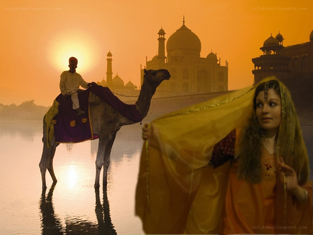 Taj Mahal at sunset with camel
