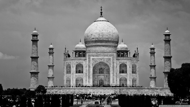 Taj Mahal Monument — Black, Dramatic, Photograph, Minarets