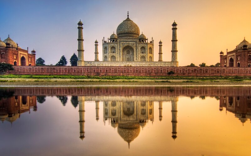 Taj Mahal Reflection — Gold, Serene, Sunset, Photograph