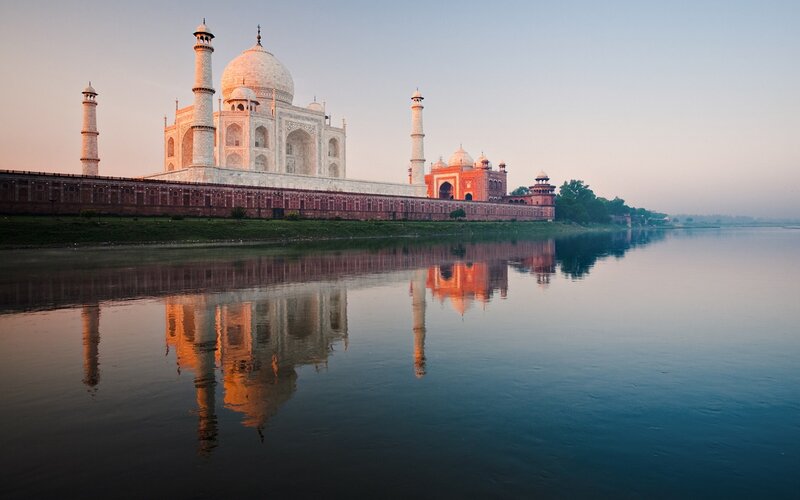 Taj Mahal Reflection — White, Serene, Sunrise