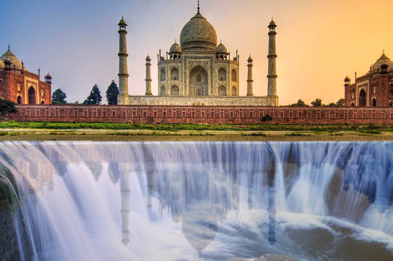 Taj Mahal Reflection — White, Serene, Sunset
