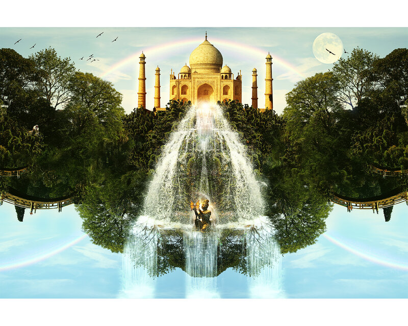 Taj Mahal with Waterfall — Green, Serene, Afternoon