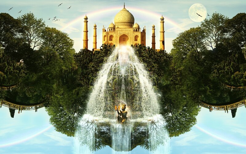 Taj Mahal with Waterfall — Green, Serene