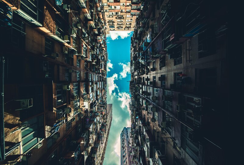 Tall Apartment Buildings — Blue, Dramatic, Afternoon