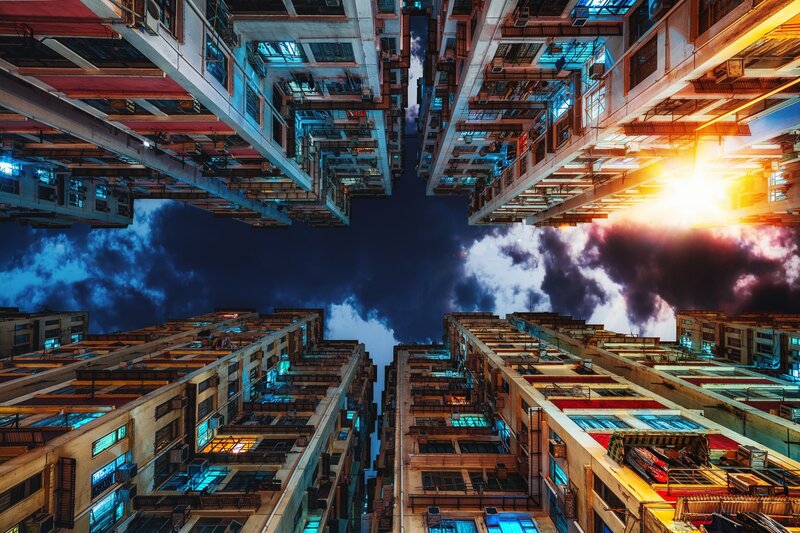 Tall Apartment Buildings — Blue, Dramatic, Night, Photograph