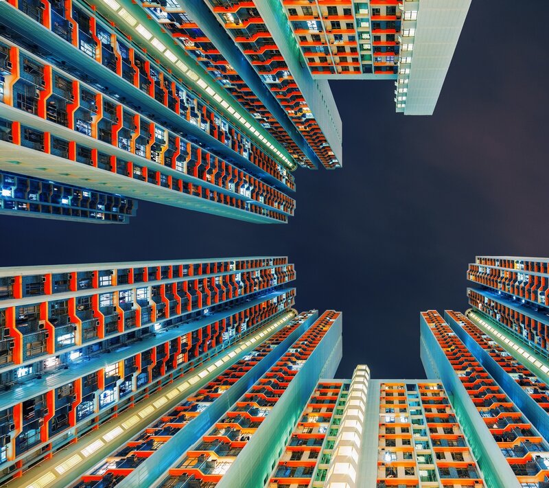 Tall Apartment Buildings — Blue, Dramatic, Night