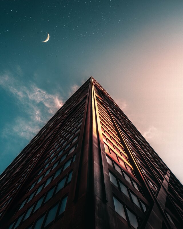 Tall Building at Night — Blue, Dramatic, Photograph, Moon
