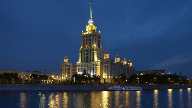 Tall Building at Night — Blue, Serene, Photograph, River