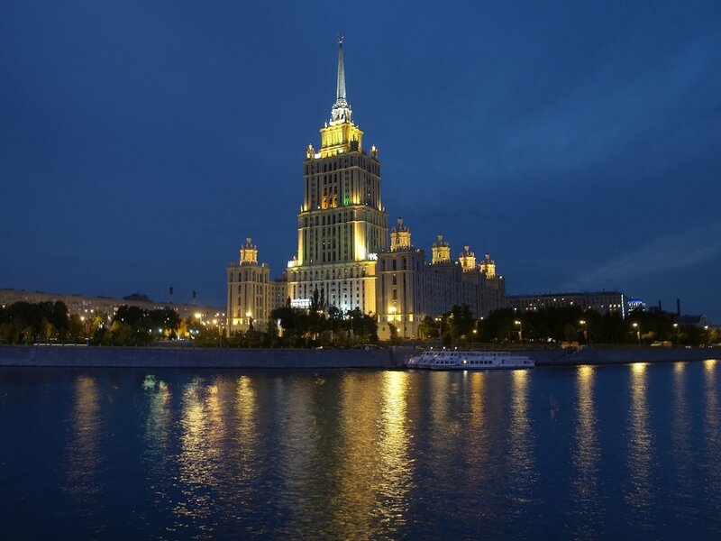 Tall Building at Night — Blue, Serene, Photograph