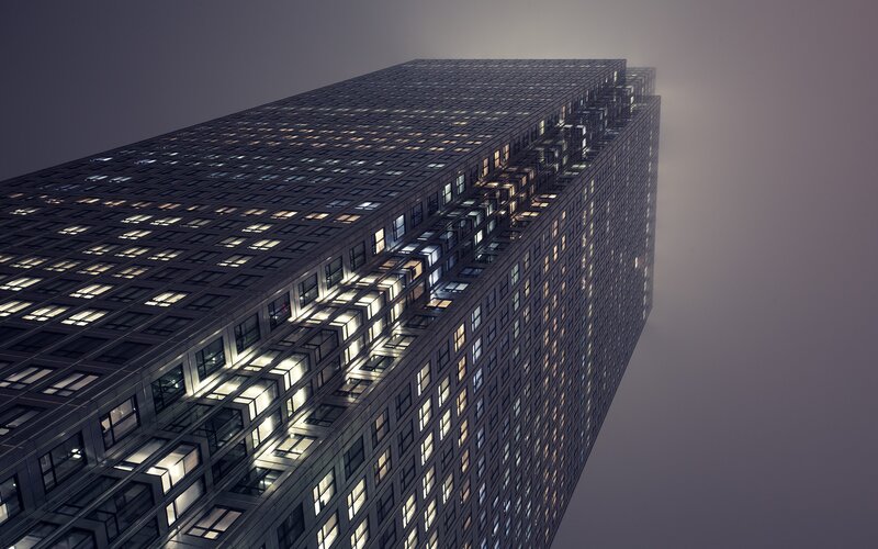 Tall Building at Night — Gray, Dramatic, Photograph