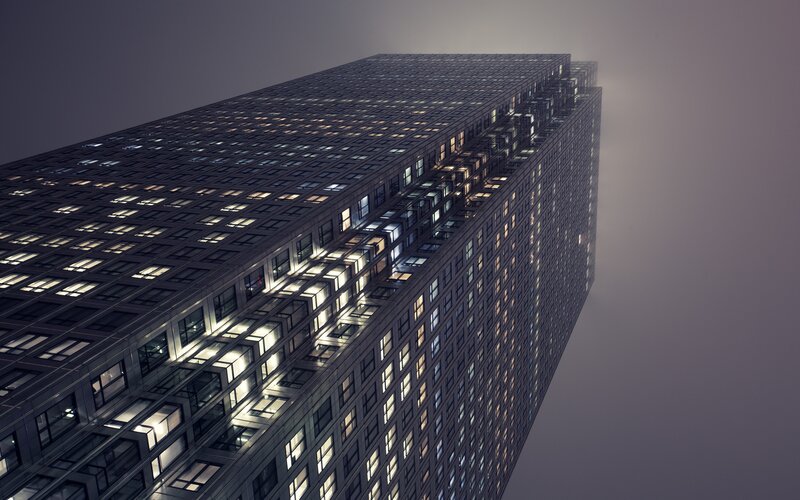 Tall Building at Night — Gray, Dramatic, Photograph, Windows, Sky, Fog