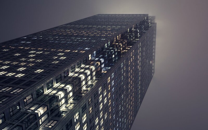 Tall Building at Night — Gray, Dramatic, Photograph, Windows