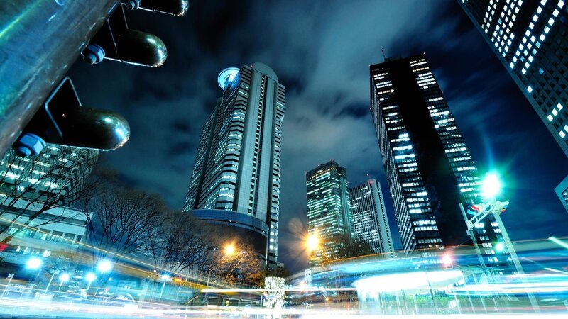 Tall Buildings at Night — Blue, Dramatic, Photograph, Skyscrapers, Traffic Lights, Light Trails