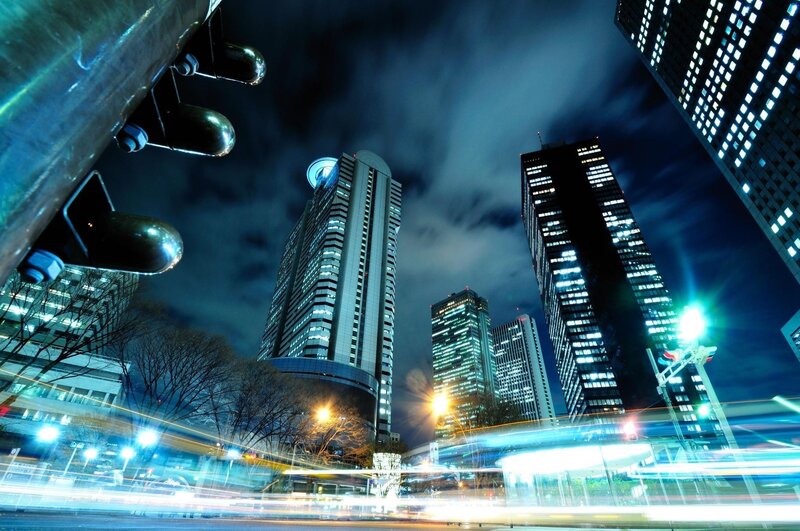 Tall Buildings at Night — Blue, Dramatic, Photograph, Skyscrapers, Traffic Lights