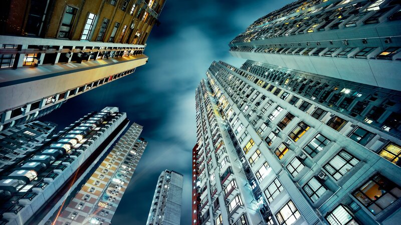 Tall Buildings at Night — Blue, Dramatic, Photograph