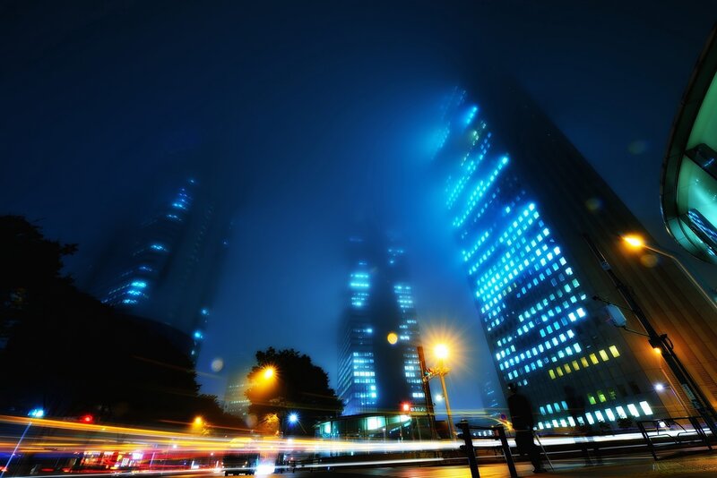 Tall Buildings at Night — Blue, Dramatic