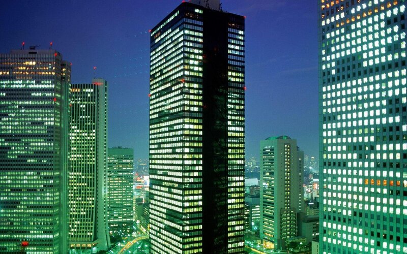 Tall Buildings at Night — Green, Urban, Photograph